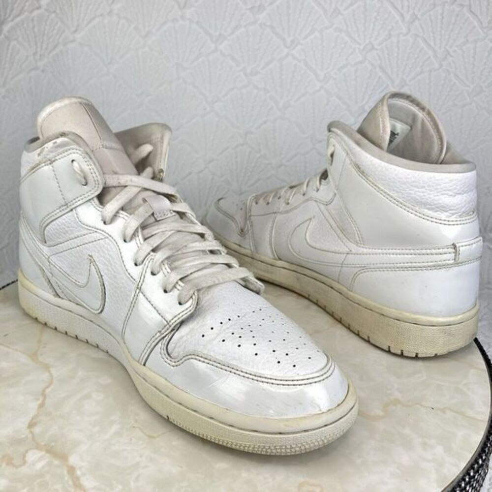 Nike Air Jordan 1 Mid Sneakers Mens 10.5 Triple White Leather High Rise Shoes - Picture 10 of 13